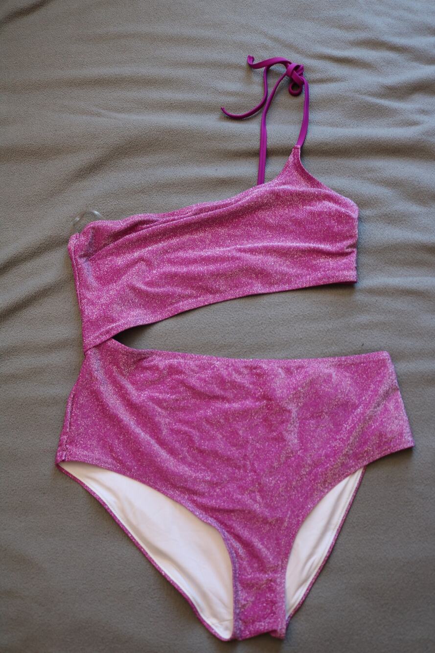 VICTORIAS SECRET Pink Swimsuit Women XL Glitter Purple Violet Shimmer Sparkle